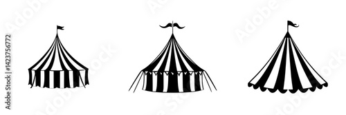 Unique collection of black and white circus tents featuring distinct designs and shapes for creative projects