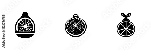 Icon set featuring various styles of citrus fruit designs in a simple black and white aesthetic