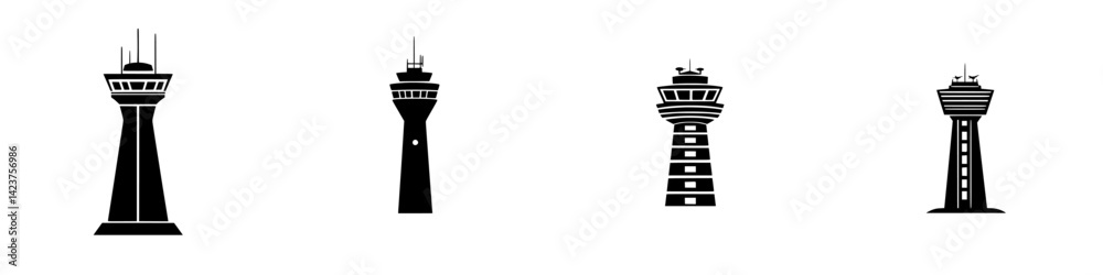 Icon set featuring various designs of air traffic control towers showcasing different styles and structures commonly found at airports