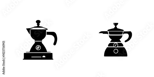 Coffee maker icon set featuring two distinct stovetop espresso designs in sleek black silhouette style