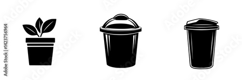 Icon set featuring a plant, bucket, and trash can for design and illustration purposes