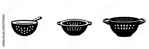 Set of kitchen colander icons for food preparation and cooking activities