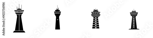 Obraz na płótnie Icon set featuring various designs of air traffic control towers showcasing different styles and structures commonly found at airports w salonie