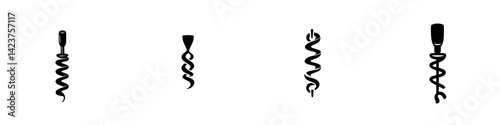 Set of four unique corkscrews displayed in black silhouette style on a white background showcasing different shapes and designs