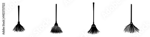Icon set featuring various broom designs in a minimalist style suitable for cleaning purposes