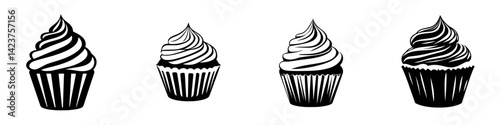 Cupcake icon set featuring various designs, showcasing sweet treats in black and white for creative use