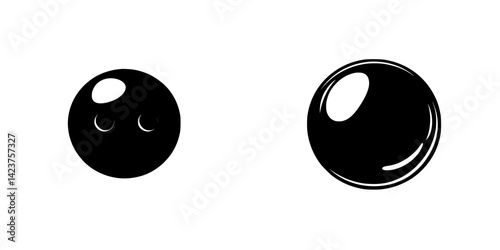 Icon set features two distinct black spherical shapes with shiny highlights and variations in size representing simple design elements