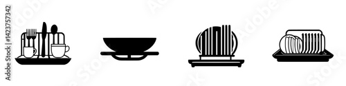 Modern icon set featuring kitchen utensils, plates, and serving dishes in a minimalist design suitable for culinary applications