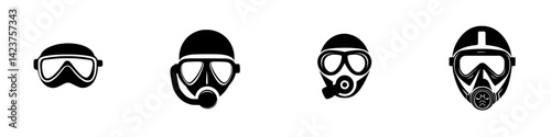 Diverse icon set for underwater diving and protective gear featuring masks and respirators