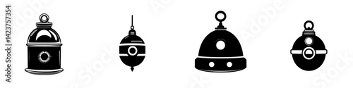 Icon set featuring various shapes and designs of decorative bells and lanterns suitable for graphic use