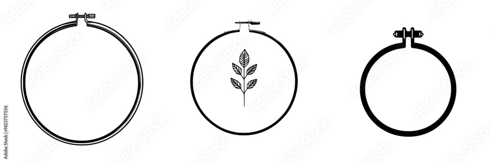Icon set showcasing embroidery hoops with leaf design and simple outlines for crafting projects Icon set showcasing embroidery hoops with leaf design and simple outlines for crafting projects