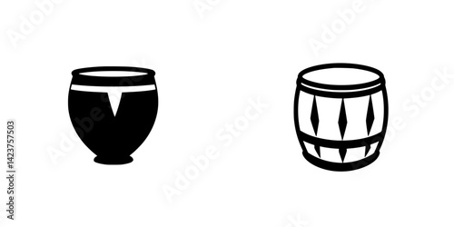 Distinctive black and white icon set featuring various drum designs for creative projects and apps