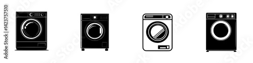 Icon set showcasing various washing machines in a minimalistic black design for modern applications