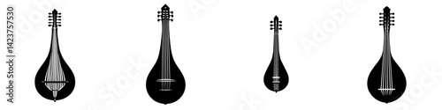 Set of musical instrument icons showcasing four unique string instruments in simple black design