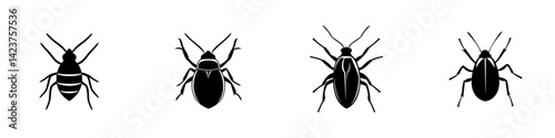 Diverse insect icon set showcasing various shapes and features in black silhouettes suitable for digital and print design