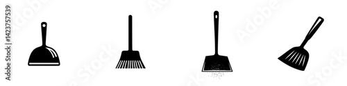 Various black icons representing cleaning tools for household and commercial use in minimalistic design