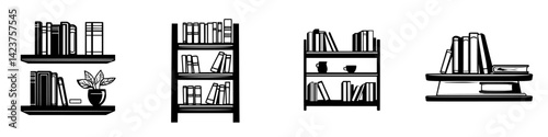 Stylish icon set featuring various bookshelves and decorative elements for modern design needs