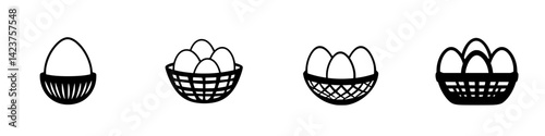 Various styles of egg baskets showcasing single and multiple eggs in minimalist black and white design