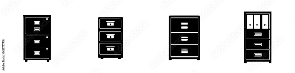 Icon set featuring various styles of filing cabinets for organizational purposes Icon set featuring various styles of filing cabinets for organizational purposes