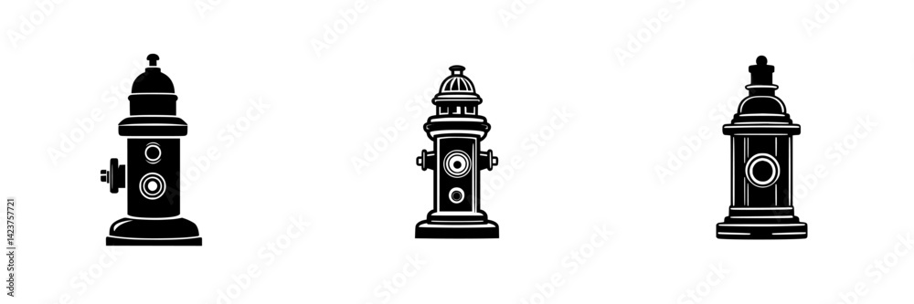 Icon set showcasing various fire hydrants in a simple black and white design for graphic use Icon set showcasing various fire hydrants in a simple black and white design for graphic use