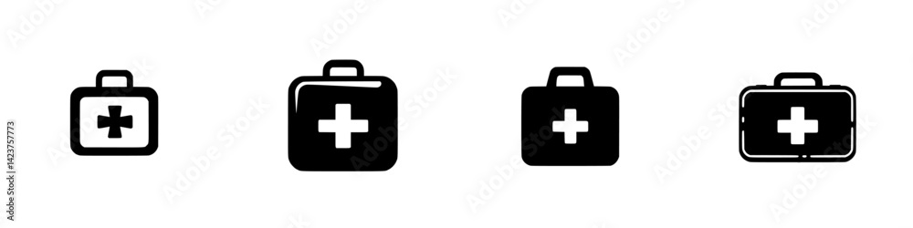 Icon set featuring various styles of first aid kits for emergency medical supplies and health care purposes