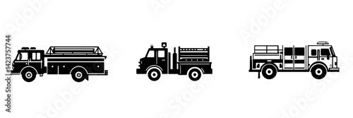 Fire truck icon set featuring three distinct designs in black silhouette style for various uses in graphic design projects