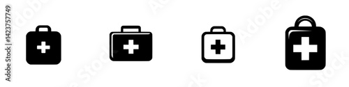 First aid icon set featuring various designs of medical kit symbols for healthcare application use