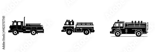Icon set featuring three unique fire truck designs in black silhouettes on a white background
