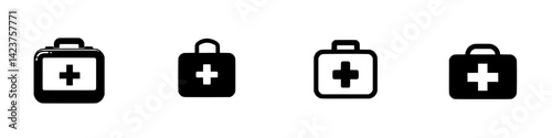 Icon set depicting various styles of medical kits designed for health and safety applications in digital platforms