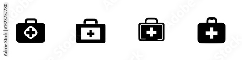 Diverse icon set depicting various styles of first aid kits suitable for healthcare design and safety materials