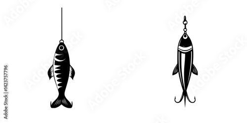 Icon set showcasing detailed designs of fishing lures and catches suitable for aquatic-themed projects and branding