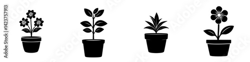 Collection of black silhouette plant icons in decorative pots suitable for various design applications