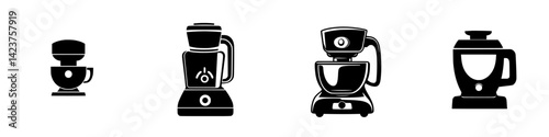Icon set showcasing kitchen appliances including a mixer, blender, and food processor in minimalist black design