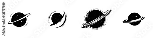 Icon set depicting various styles of planets with rings and without rings in a minimalistic design suitable for graphic projects