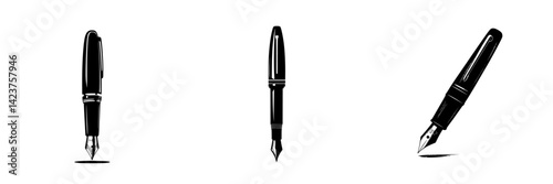 Icon set featuring three elegant fountain pens in various positions for creative design purposes