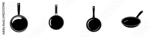 Collection of black cooking pan icons designed for culinary projects and kitchen-related themes
