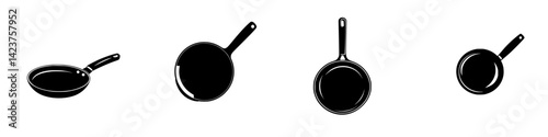 Varied skillet icon set showcasing different sizes and styles for culinary representation and design projects
