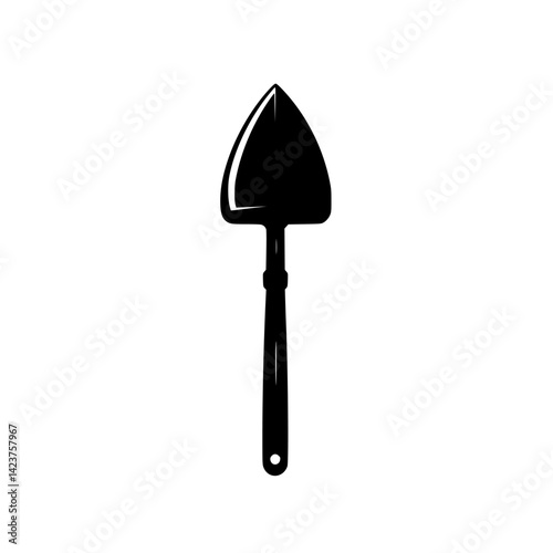 Simple black icon set featuring a single garden shovel design with a sleek handle and pointed blade for gardening needs