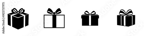 Collection of black and white gift box icons arranged in a row showcasing various designs and shapes for digital use