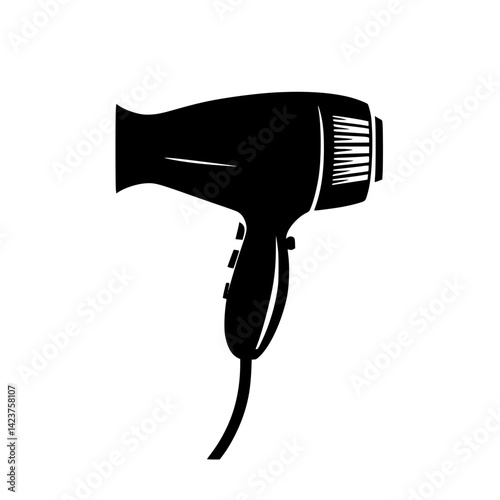 Black silhouette of a hair dryer with a cord and controls, designed for use in hair styling and drying