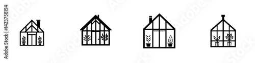 Stylish icon set depicting various greenhouse designs suitable for gardening enthusiasts and designers alike
