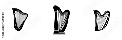 Stylish icon set featuring various harp designs in black and white for creative projects