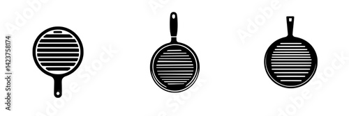 Icon set featuring three distinct styles of kitchen strainers for culinary activities and food preparation