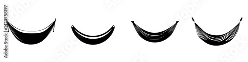Set of four unique icon designs depicting different styles of hammocks for relaxation and leisure activities