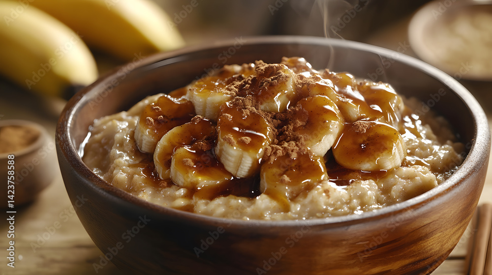 steaming bowl of oatmeal topped with caramelized banana and cinnamon creates warm, inviting breakfast scene steaming bowl of oatmeal topped with caramelized banana and cinnamon creates warm, inviting breakfast scene