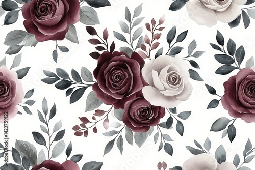 Wallpaper Mural Elegant floral pattern featuring watercolor roses and foliage for sophisticated designs Torontodigital.ca