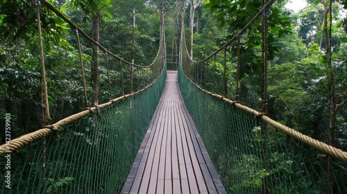 Immersive Perspective of a Jungle Canopy Walkway, Wooden Bridge Structure