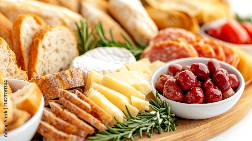 Assorted cheese and charcuterie board with fresh bread, cherry tomatoes, and olives Assorted cheese and charcuterie board with fresh bread, cherry tomatoes, and olives
