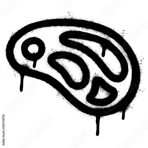 Graffiti style stencil illustration of a raw steak or meat cut. Rendered in bold black spray paint with artistic drips and splatter texture.
