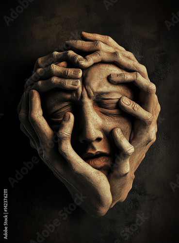 Surreal portrait of a distressed human face enveloped and squeezed by numerous hands emerging from darkness, evoking feelings of anxiety, entrapment and psychological struggle.